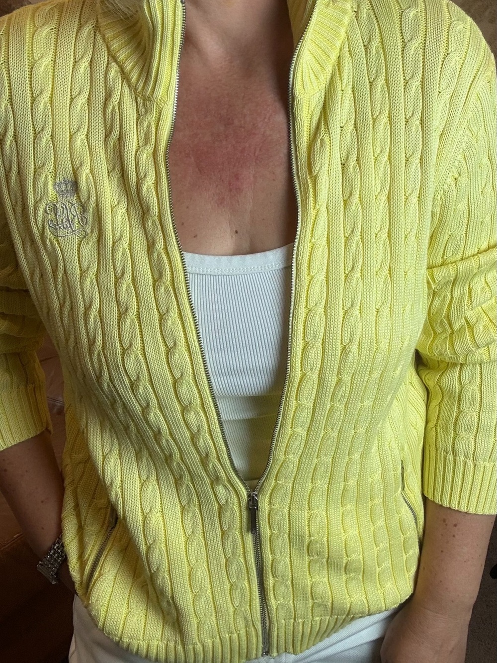 Lauren Ralph Lauren Yellow Cable Knit Full Zip Sweater Cardigan Crest Women M - Picture 5 of 11